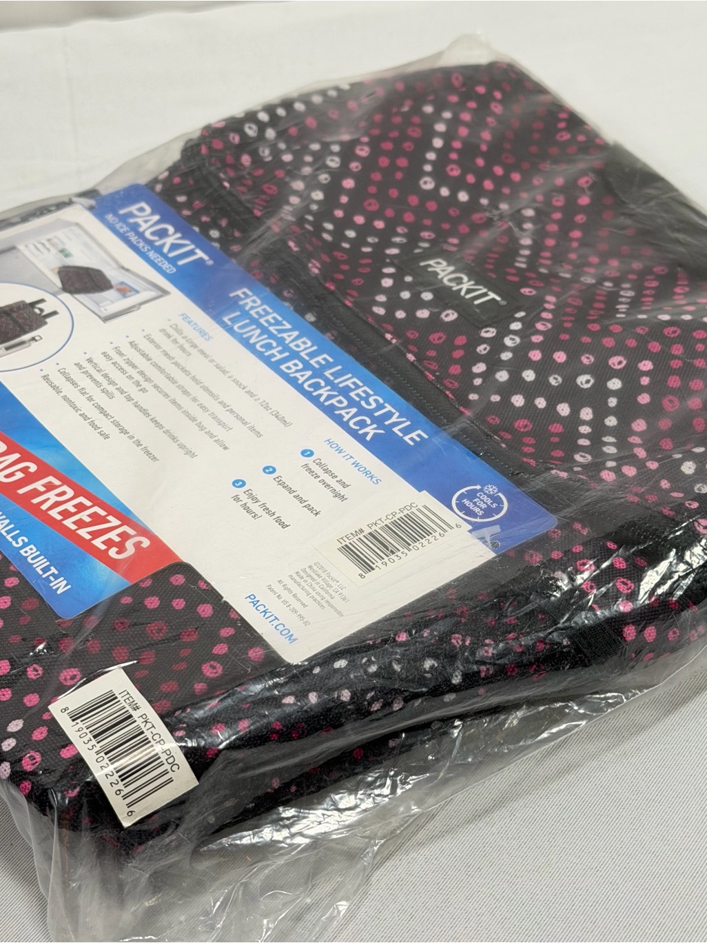 Packit Freezable Lunch Bag Backpack Cooler Black Pink Polka Dots Pba Pvc Free — image 8 of 8